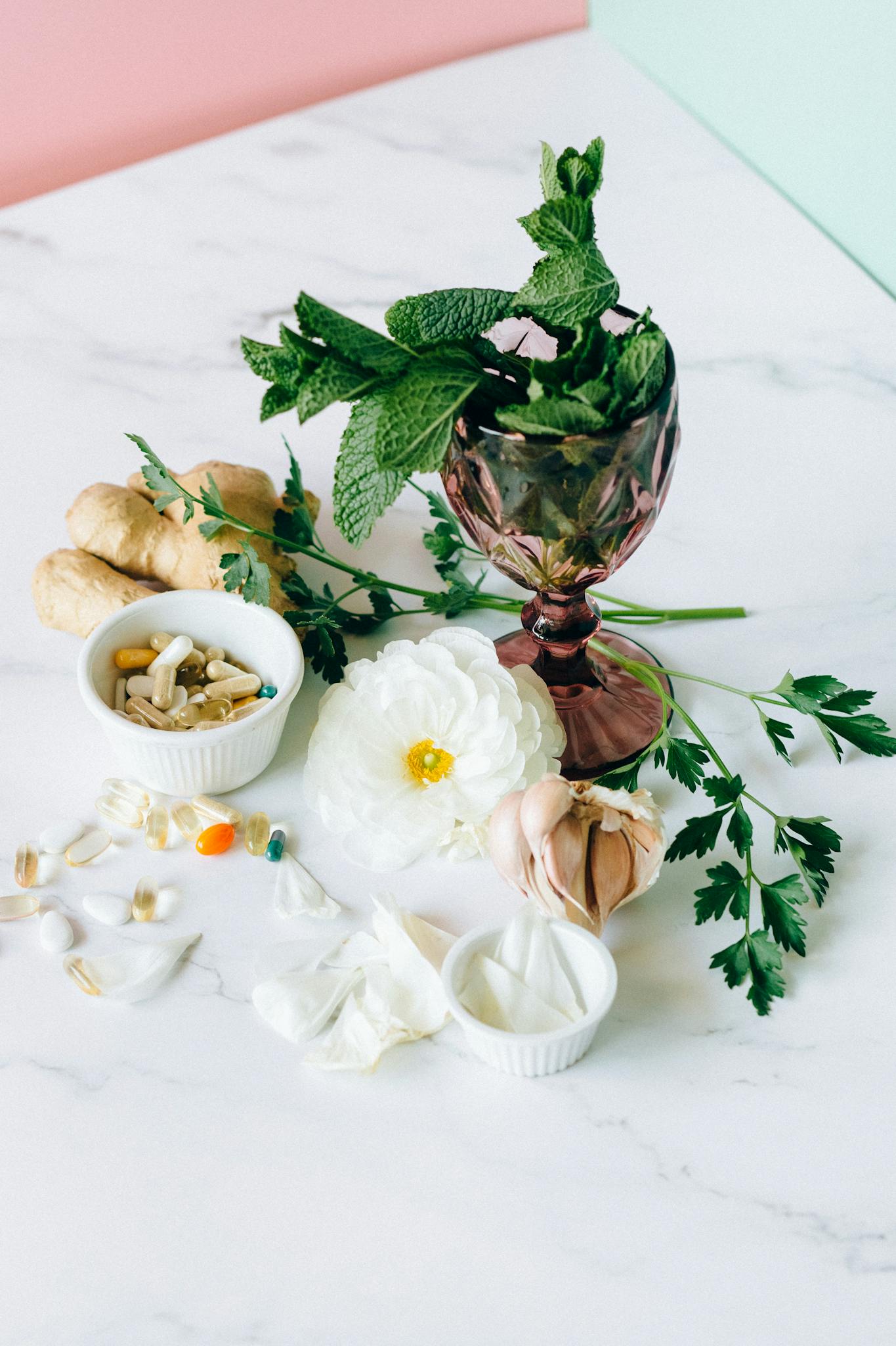 Arrangement of herbal medicine ingredients with capsules on marble surface for natural treatment.